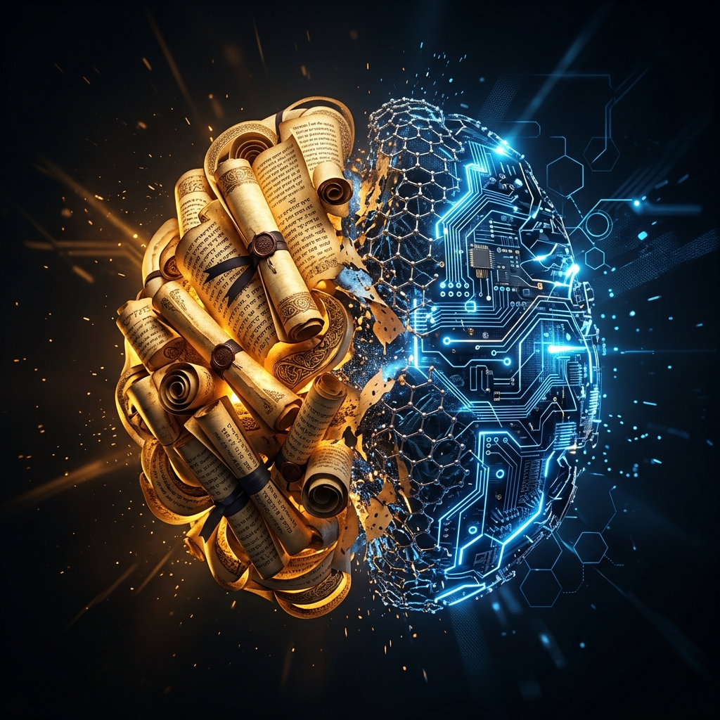 Carbon Brain - Ancient scrolls transforming into circuits
